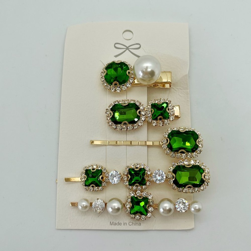 Green Crystal & Pearl Hair Pin Clips - Set of 5